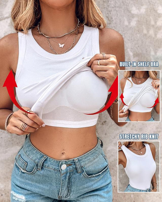 🔥Round Neck Built-in Bra Ribbed Tank Top Fit Casual Comfortable