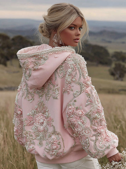 Women's Pink Flower Embroidery Art Long Sleeve Hoodie
