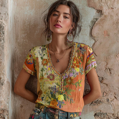 Women's Bohemian Floral Embroidery Art V-neck Contrast Color Linen Blend T-shirt