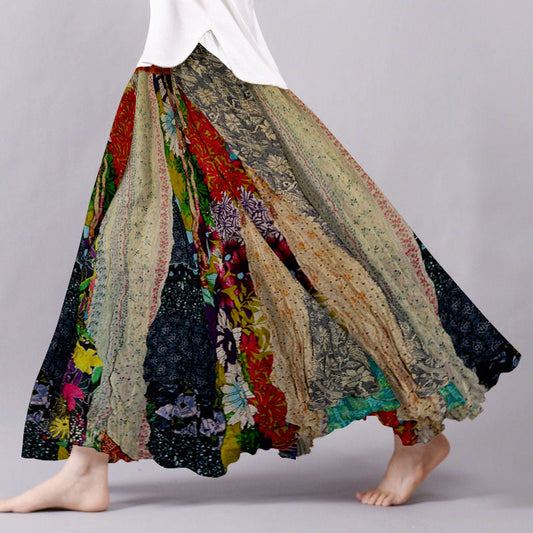 Vintage Boho Patchwork Flowy Linen Blend Wide Skirt