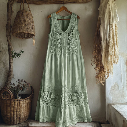 Vintage Floral Hollow Lace Patchwork Linen Maxi Dress