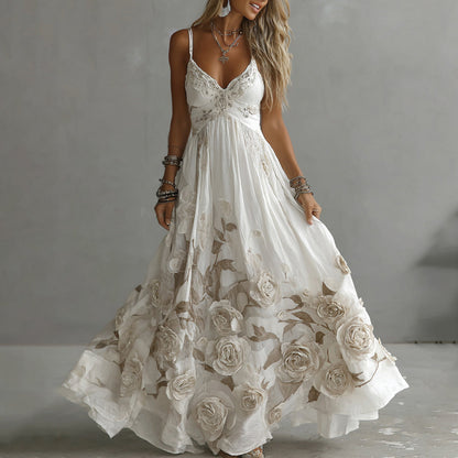 Women's Vintage Rose Embroidery Art V-neck Suspender Maxi Dress