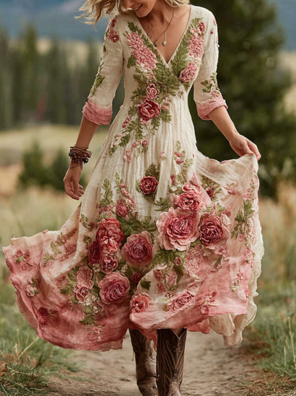 Women's Vintage Rose Floral Art V Neck Linen Blend Comfy Maxi Dress