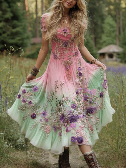 Classy Gradient Purple Lavender And Floral Embroidered Linen Maxi Dress