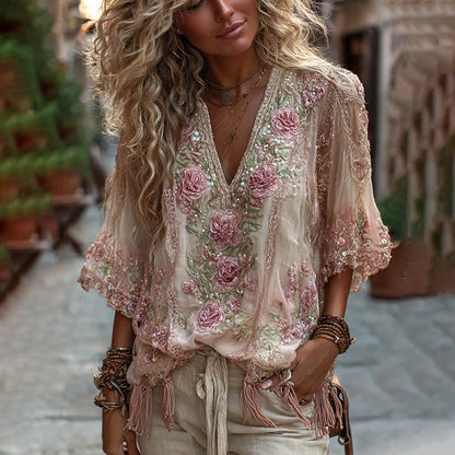 Women's Vintage Rose Embroidery Art Comfy Linen Shirts