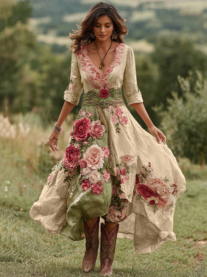 Women's Vintage Floral Art V Neck Linen Blend Maxi Dress