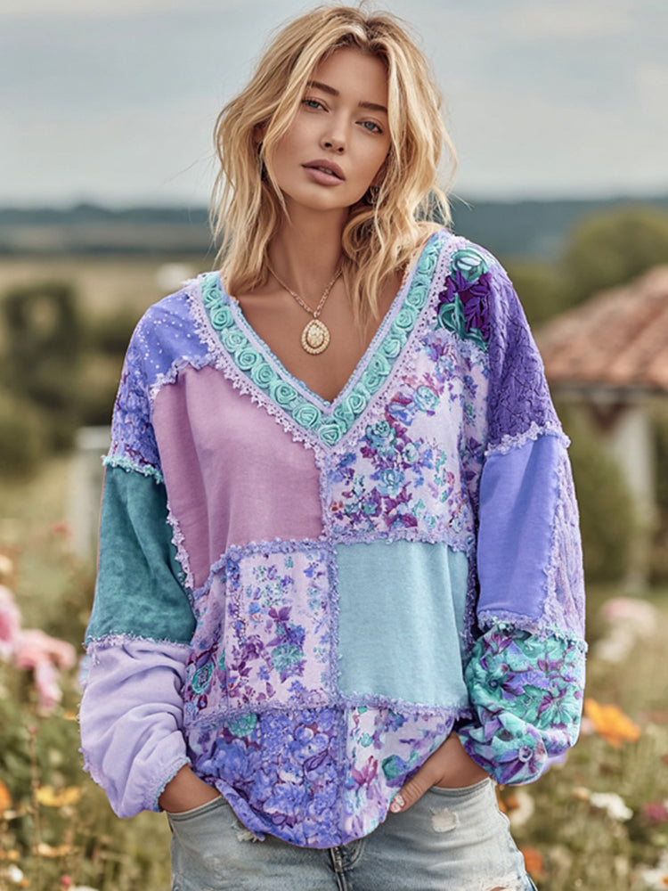 Women's Vintage Floral Patchwork Art Cozy Warm Sweatshirt
